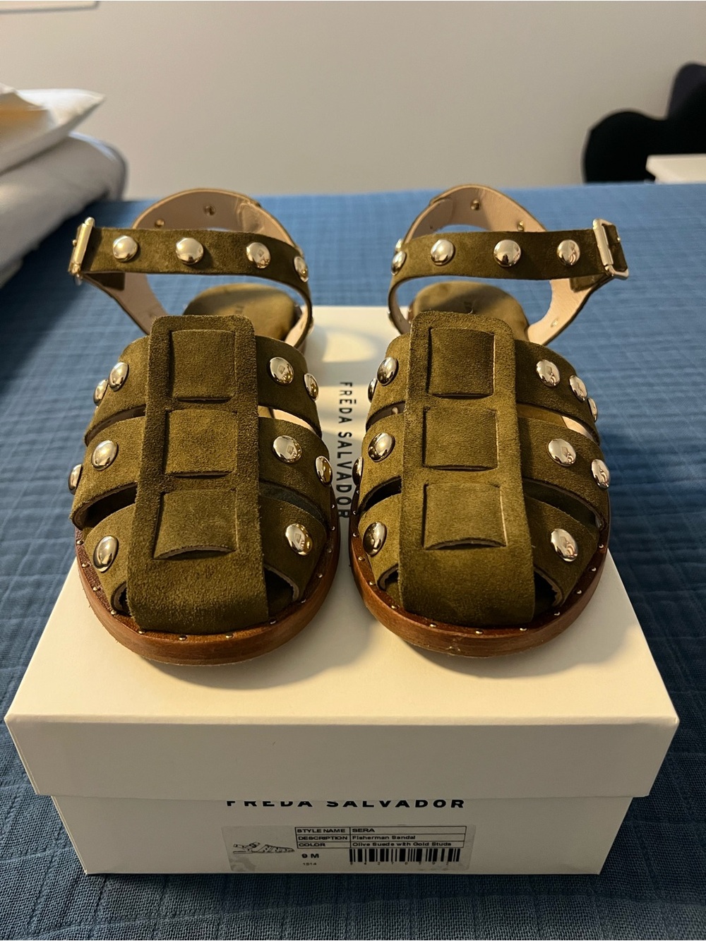 Freda Salvador: Sera Fisherman Sandal - Olive Suede w/ Gold Studs EUC - Picture 2 of 13
